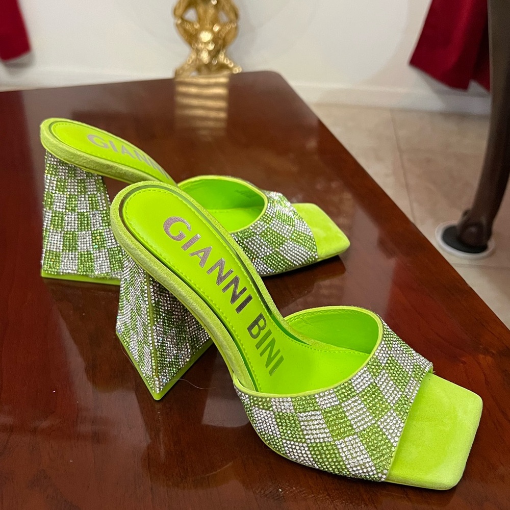New green Gianni Bini Checkered Rhinestone Square Toe Dress Sandals